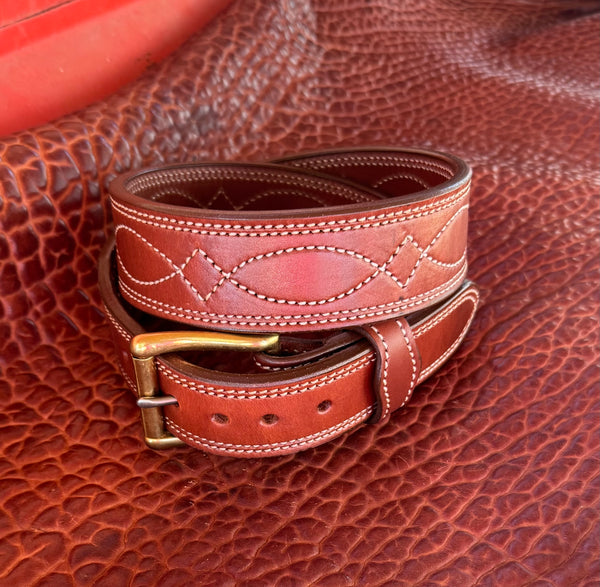 IN-STOCK 1.75" Taper to 1.5” Double Thick Carry Belt Fancy Stitch Size 34 Saddle Brown